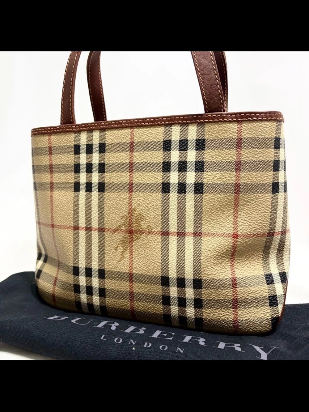 Burberry Beige Vintage Check Small Tote with Brown Leather Trim